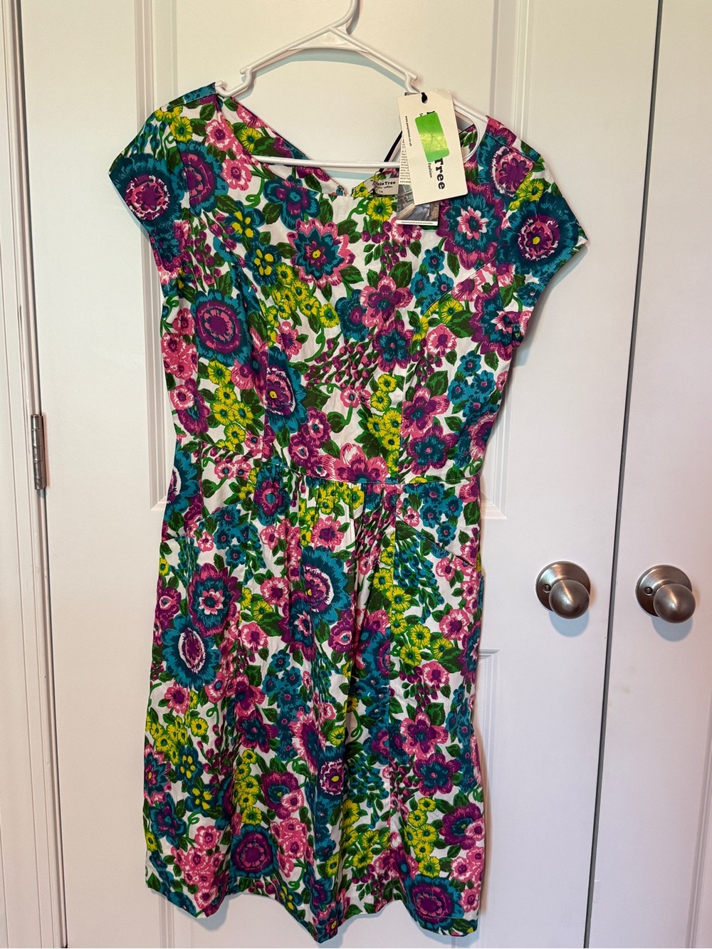 People Tree Floral Cap-Sleeve Midi Dress in Pink, Teal & Lime NWT pockets!  UK